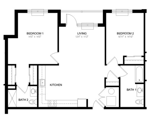 A black and white image of a floor plan for a two bedroom apartment.